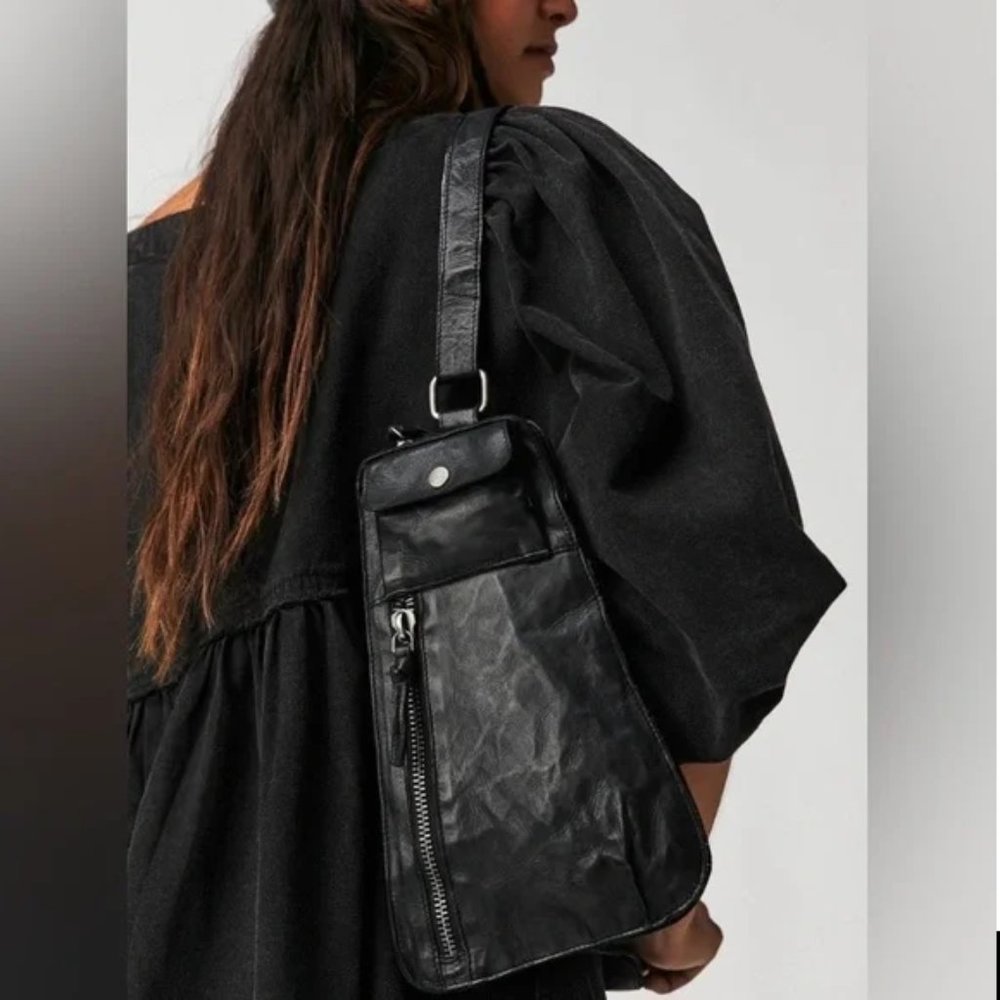 new FREE PEOPLE LEATHER JAGGER sling backpack bag